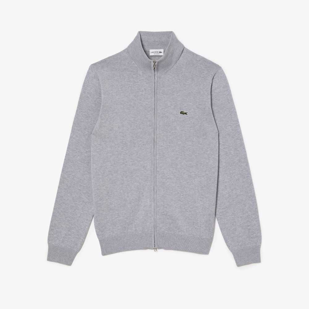 Lacoste Stand-Up Collar Organic Cotton Zippered Sweater Grey Chine | VGQ-402167