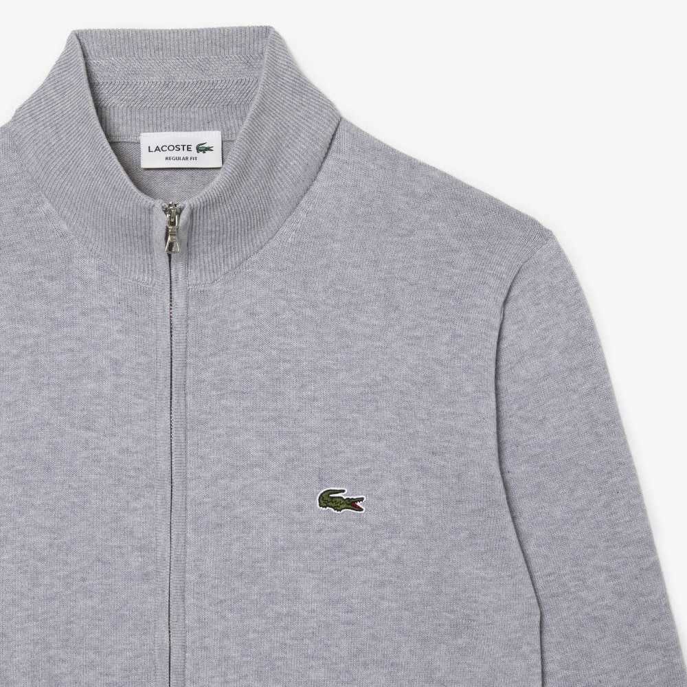 Lacoste Stand-Up Collar Organic Cotton Zippered Sweater Grey Chine | VGQ-402167