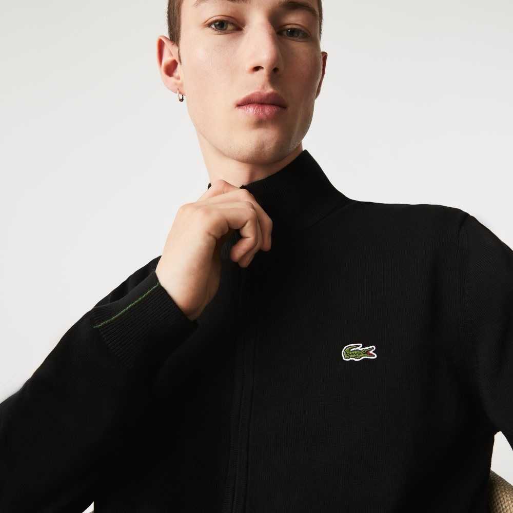 Lacoste Stand-Up Collar Organic Cotton Zippered Sweater Black | YJI-970183