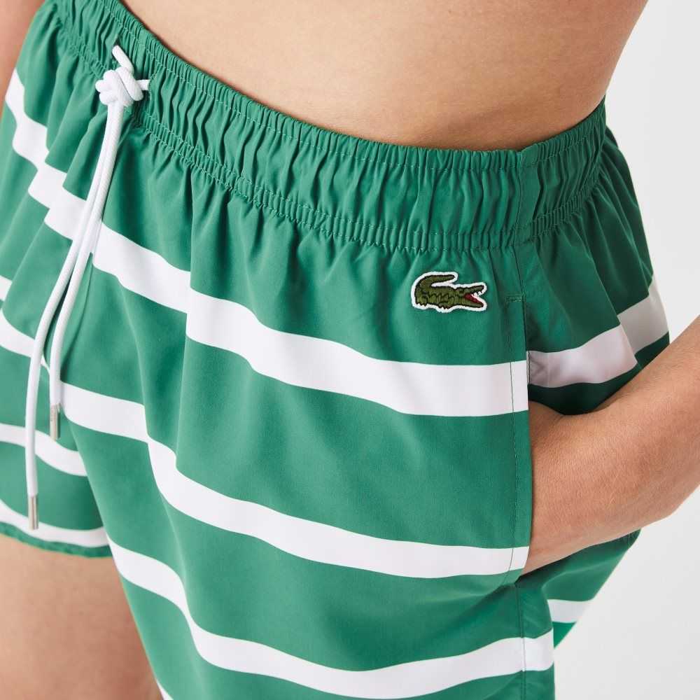 Lacoste Striped And Embroidered Light Swimming Trunks Green / White | WJI-849623