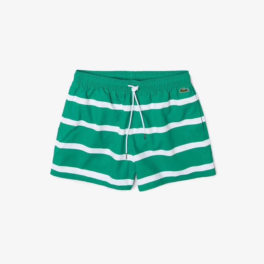 Lacoste Striped And Embroidered Light Swimming Trunks Green / White | WJI-849623