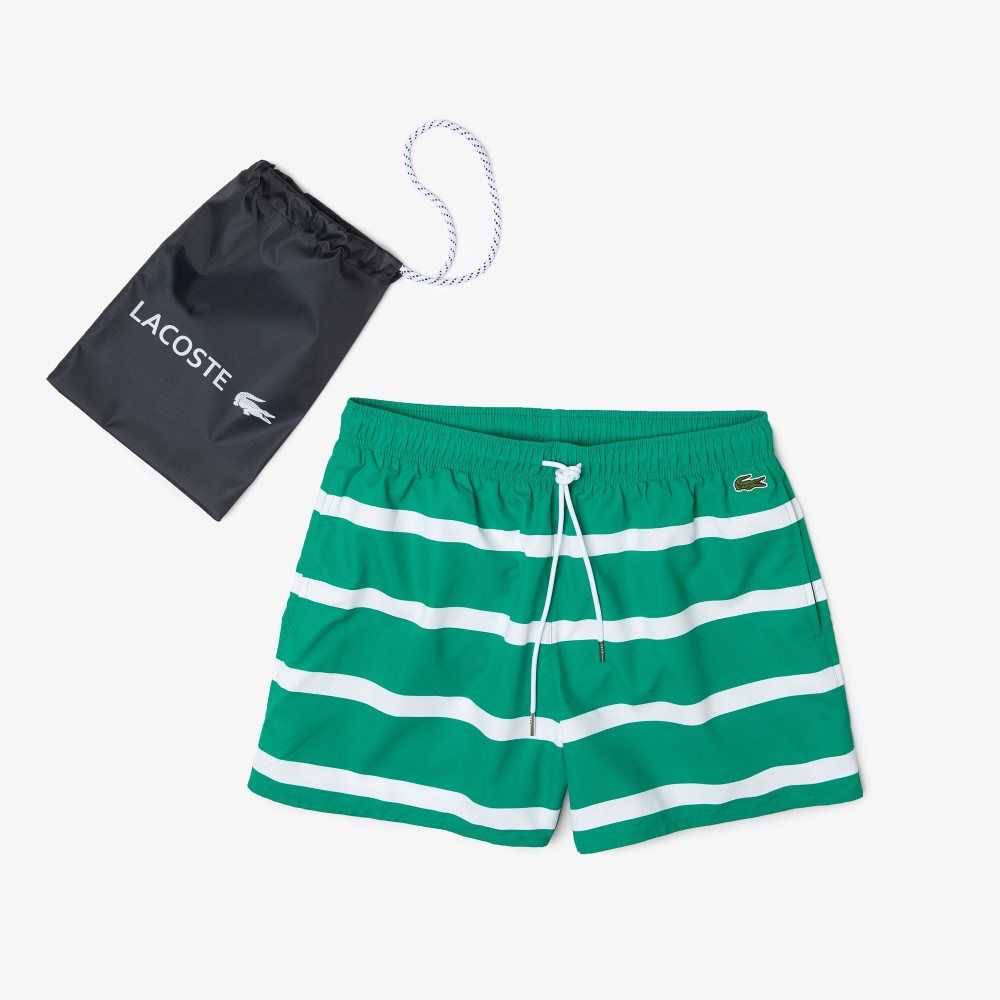 Lacoste Striped And Embroidered Light Swimming Trunks Green / White | WJI-849623