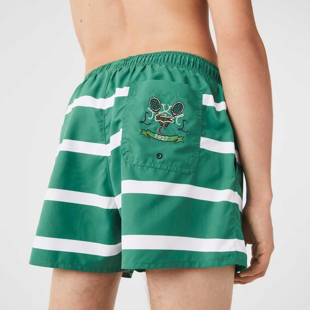 Lacoste Striped And Embroidered Light Swimming Trunks Green / White | WJI-849623