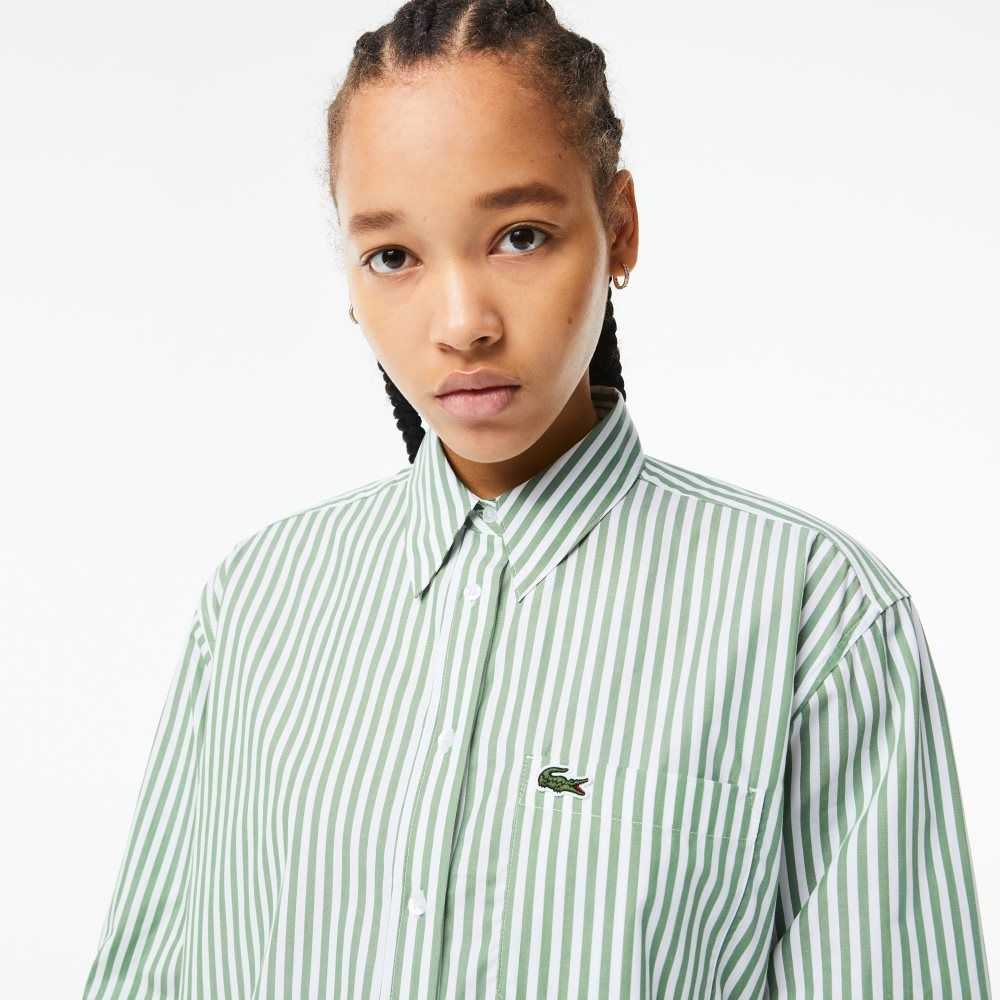 Lacoste Striped Cotton Poplin Shirt Green / White | RWX-518672