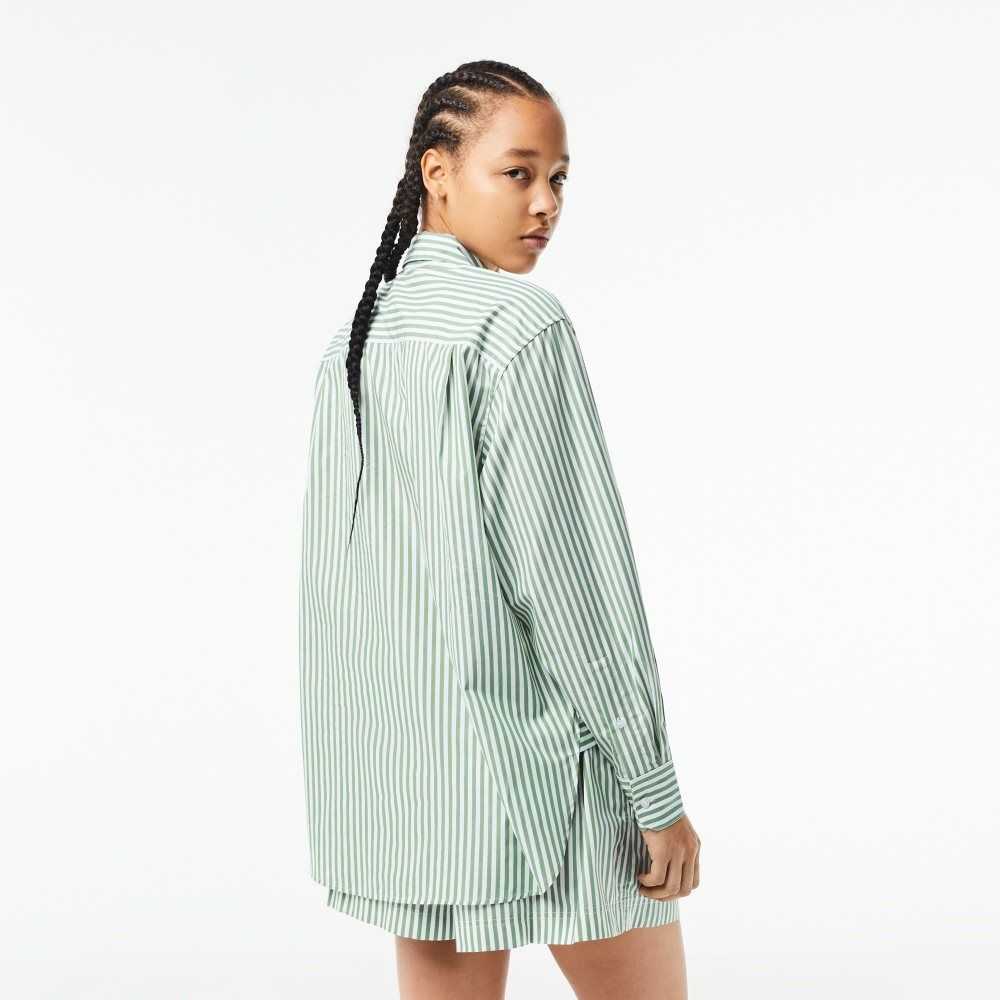 Lacoste Striped Cotton Poplin Shirt Green / White | RWX-518672