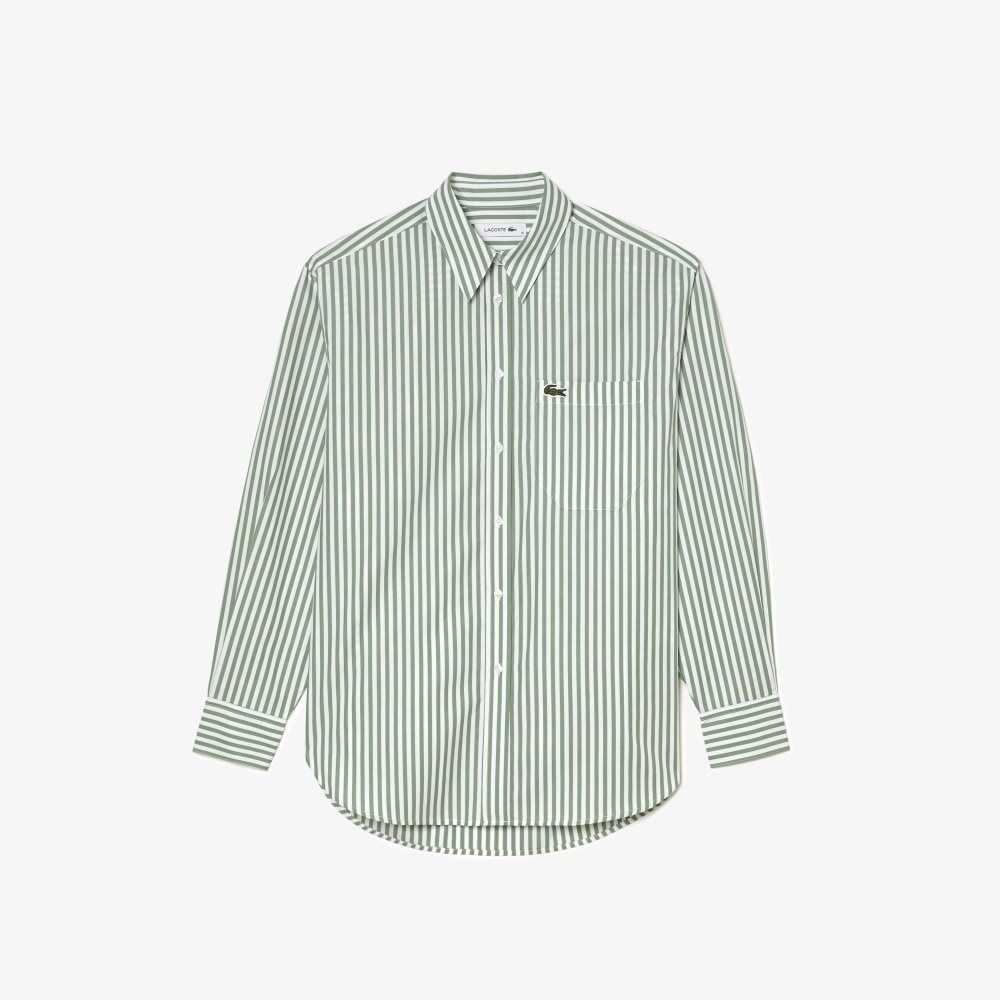 Lacoste Striped Cotton Poplin Shirt Green / White | RWX-518672