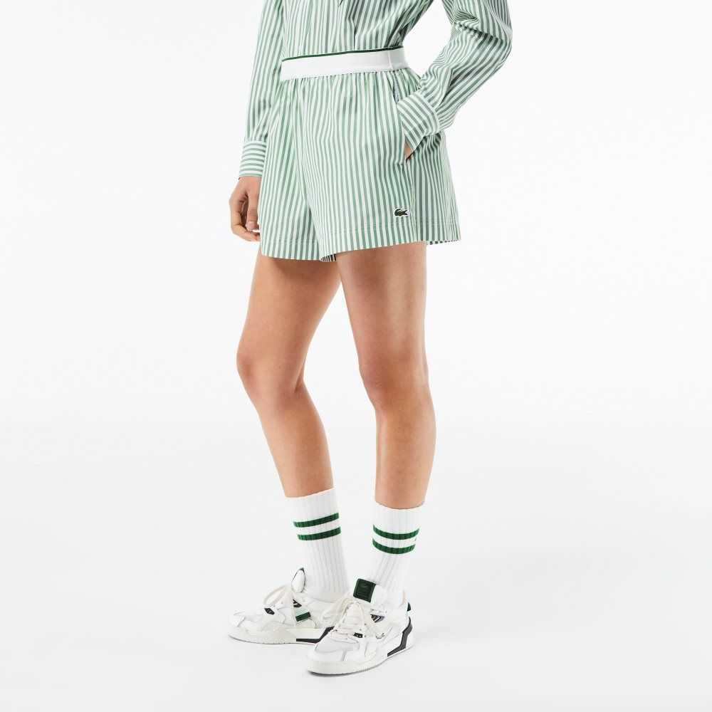 Lacoste Striped Cotton Poplin Shorts Green / White | EUL-301698