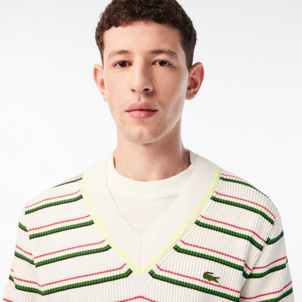 Lacoste Striped French Made V-Neck Sweater White | SDO-856047