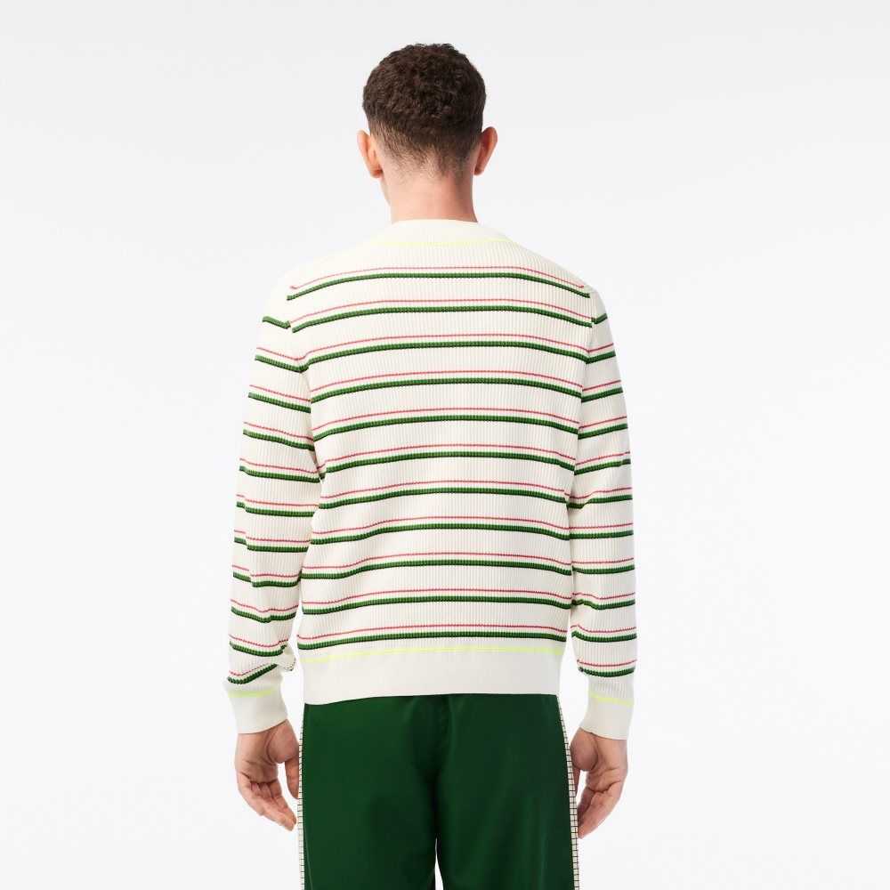 Lacoste Striped French Made V-Neck Sweater White | SDO-856047