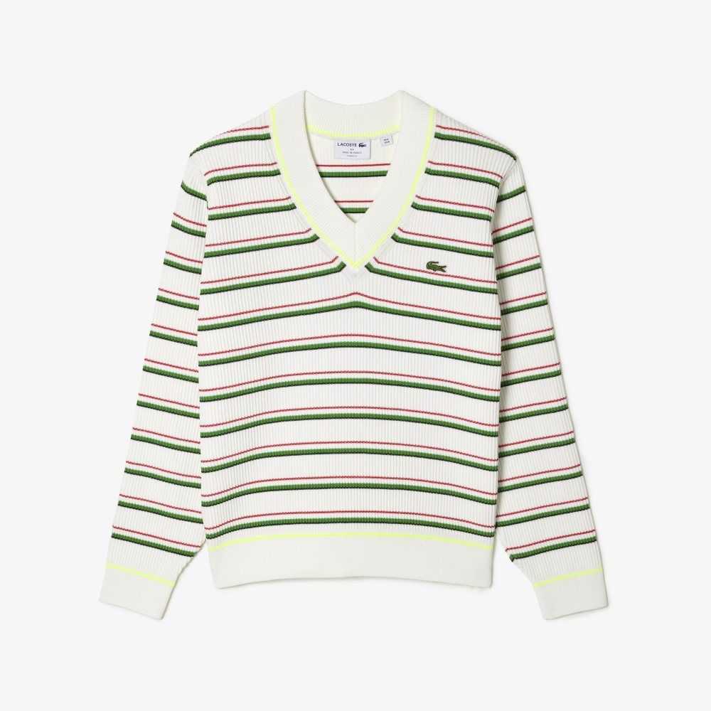 Lacoste Striped French Made V-Neck Sweater White | SDO-856047