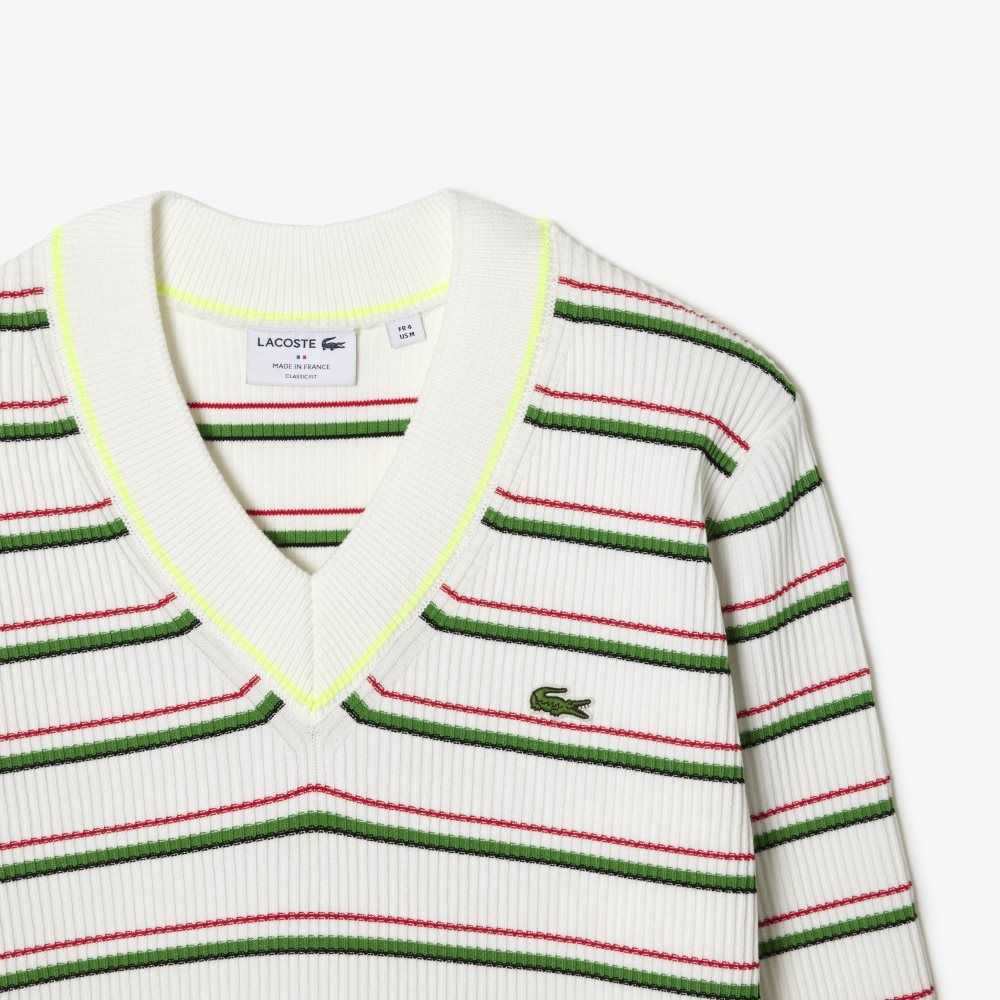 Lacoste Striped French Made V-Neck Sweater White | SDO-856047