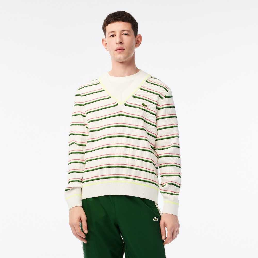 Lacoste Striped French Made V-Neck Sweater White | SDO-856047