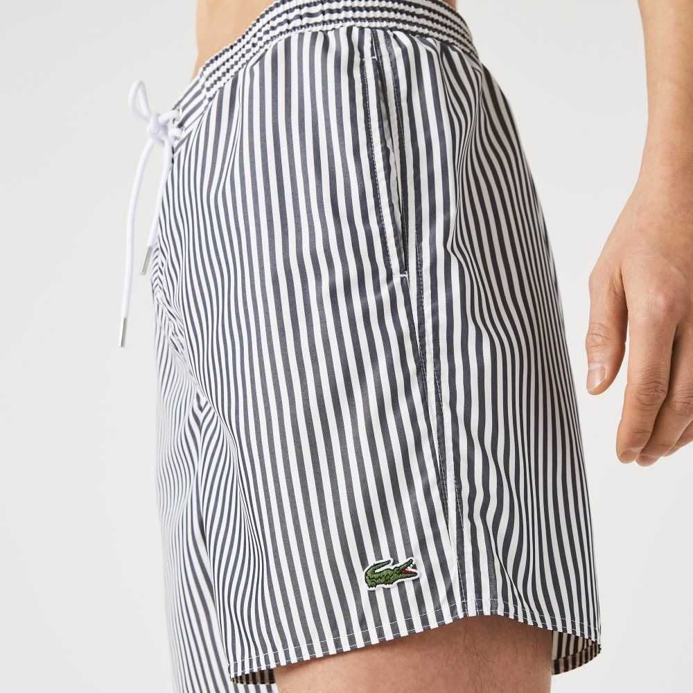 Lacoste Striped Swimming Trunks Navy Blue / White | LAN-952630