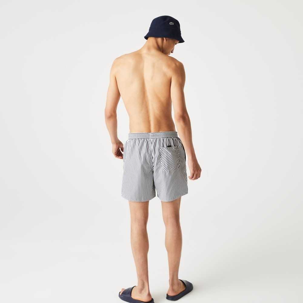 Lacoste Striped Swimming Trunks Navy Blue / White | LAN-952630