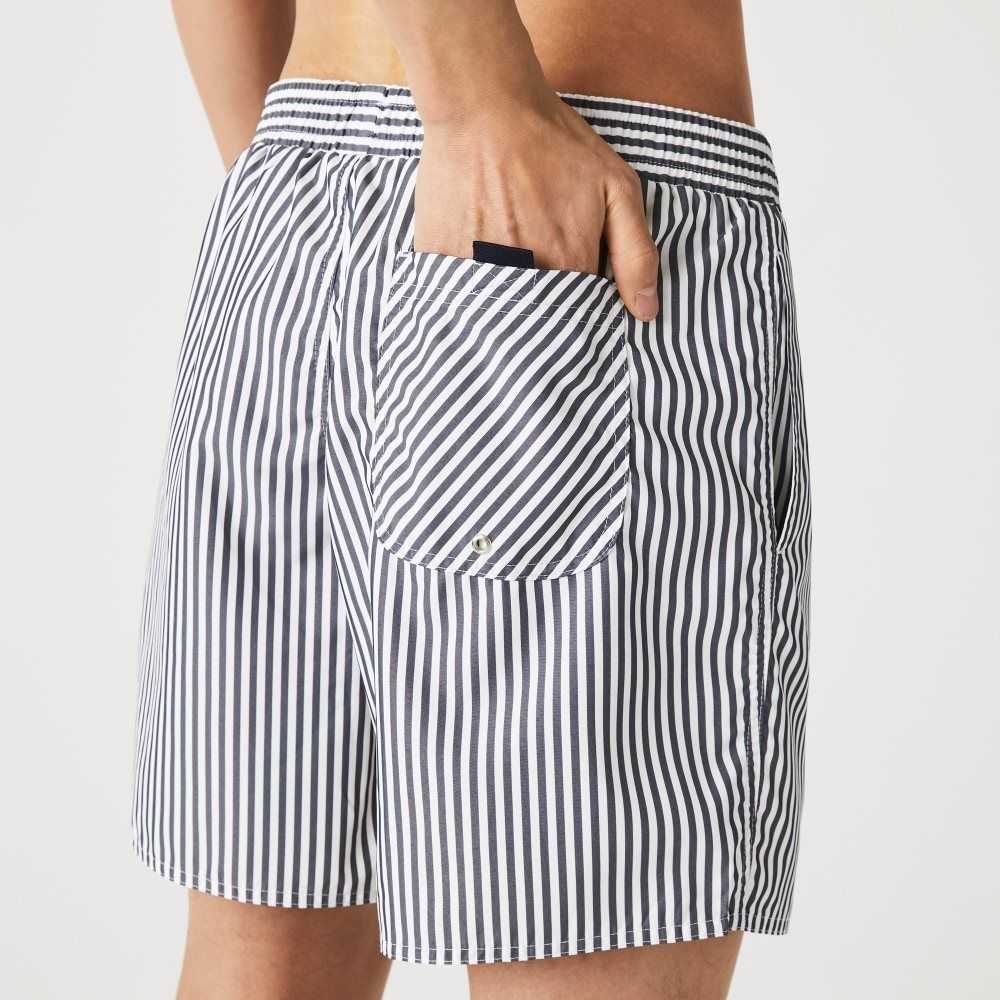 Lacoste Striped Swimming Trunks Navy Blue / White | LAN-952630