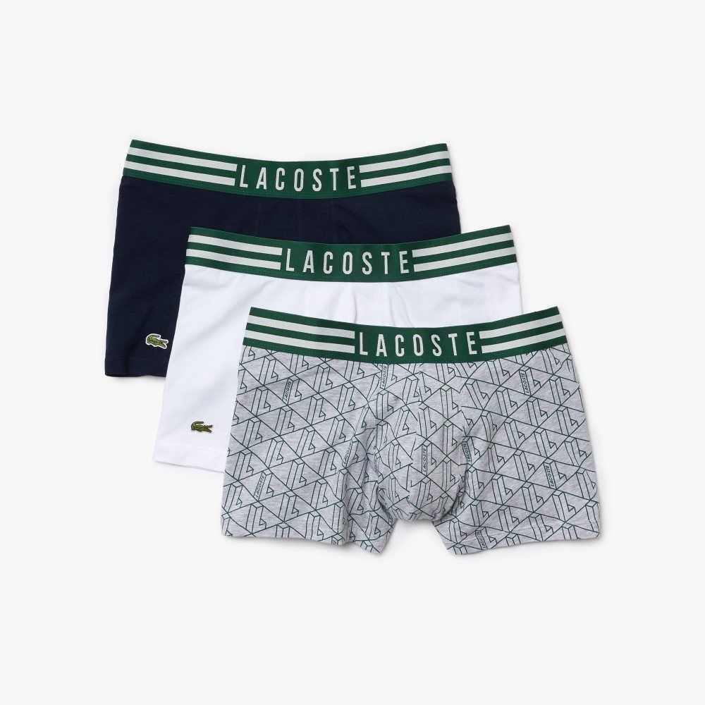 Lacoste Striped Waist Stretch Cotton Trunk 3-Pack Grey Chine / White / Navy Blue | VKW-768351