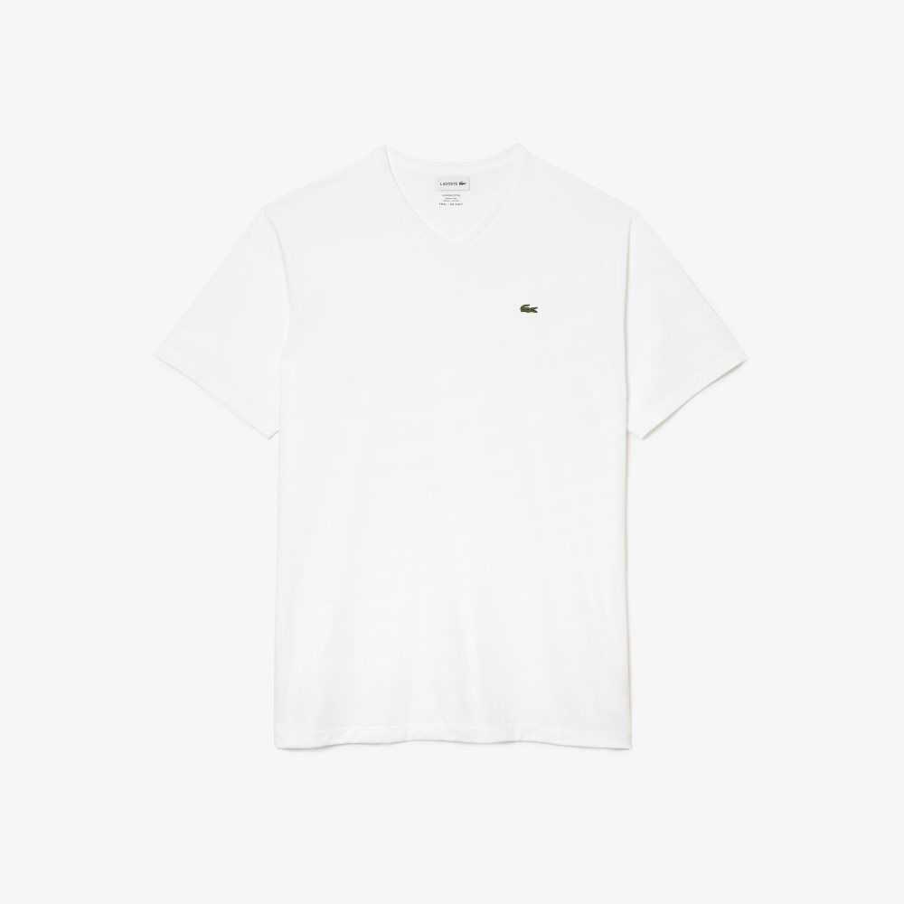 Lacoste Tall Fit Ribbed V-Neck Cotton Polo Shirt White | BWM-681907