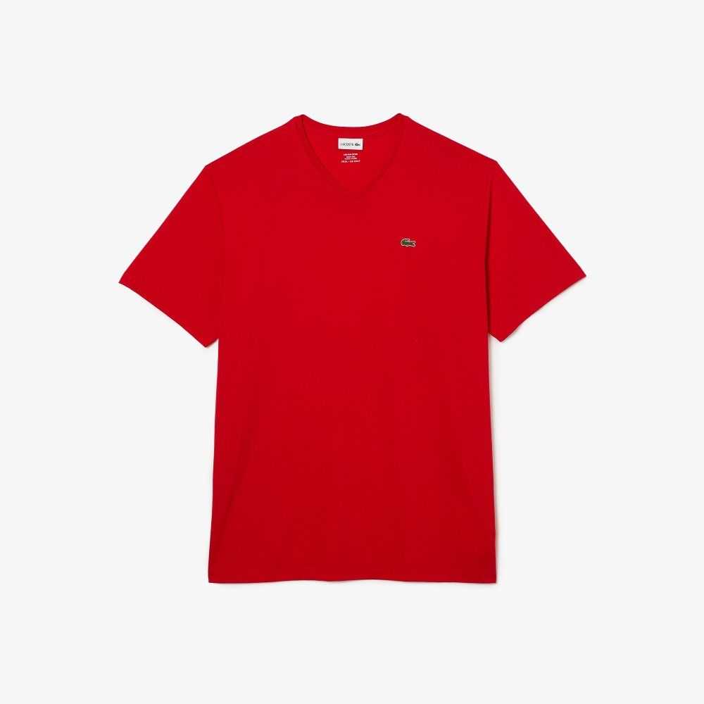 Lacoste Tall Fit Ribbed V-Neck Cotton Polo Shirt Red | TZI-097638