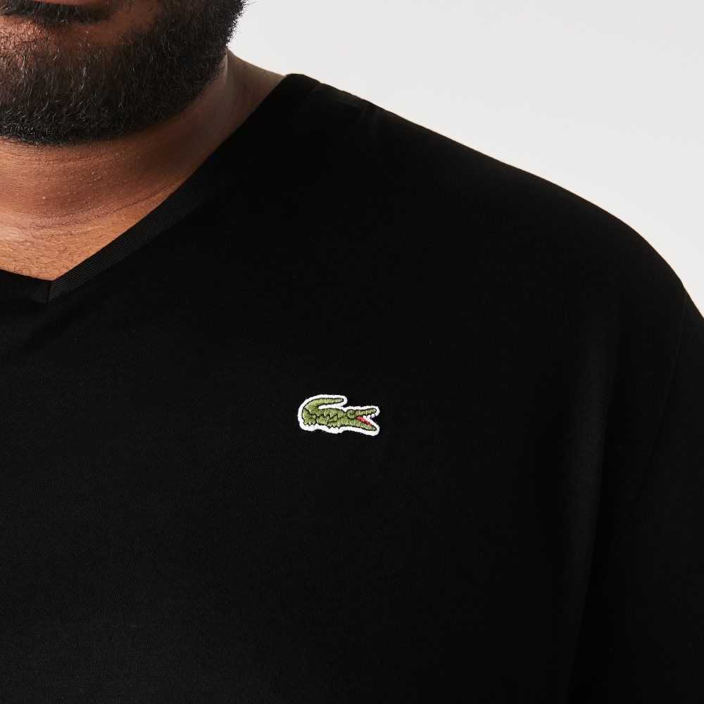 Lacoste Tall Fit Ribbed V-Neck Cotton Polo Shirt Black | VDR-483567