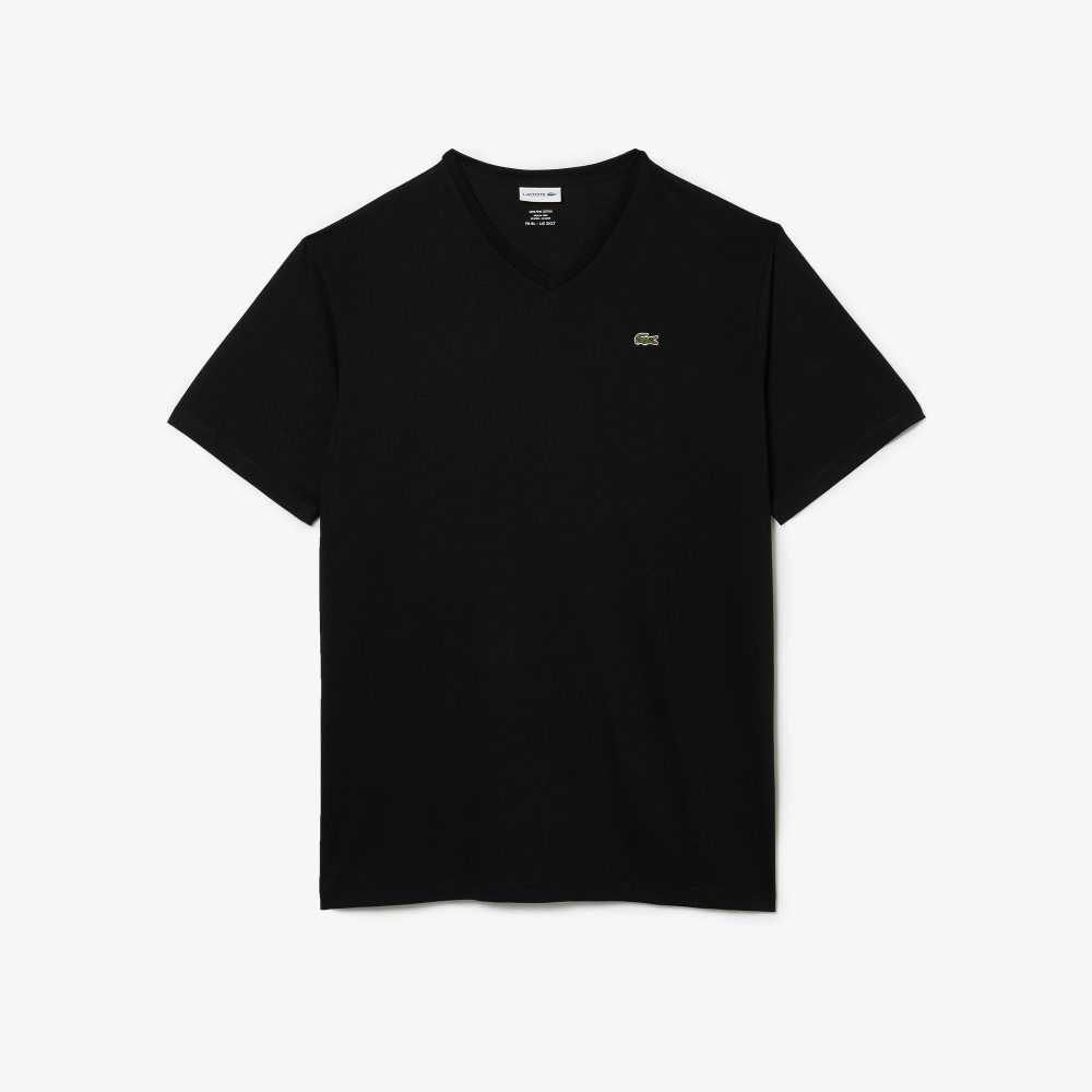 Lacoste Tall Fit Ribbed V-Neck Cotton Polo Shirt Black | VDR-483567