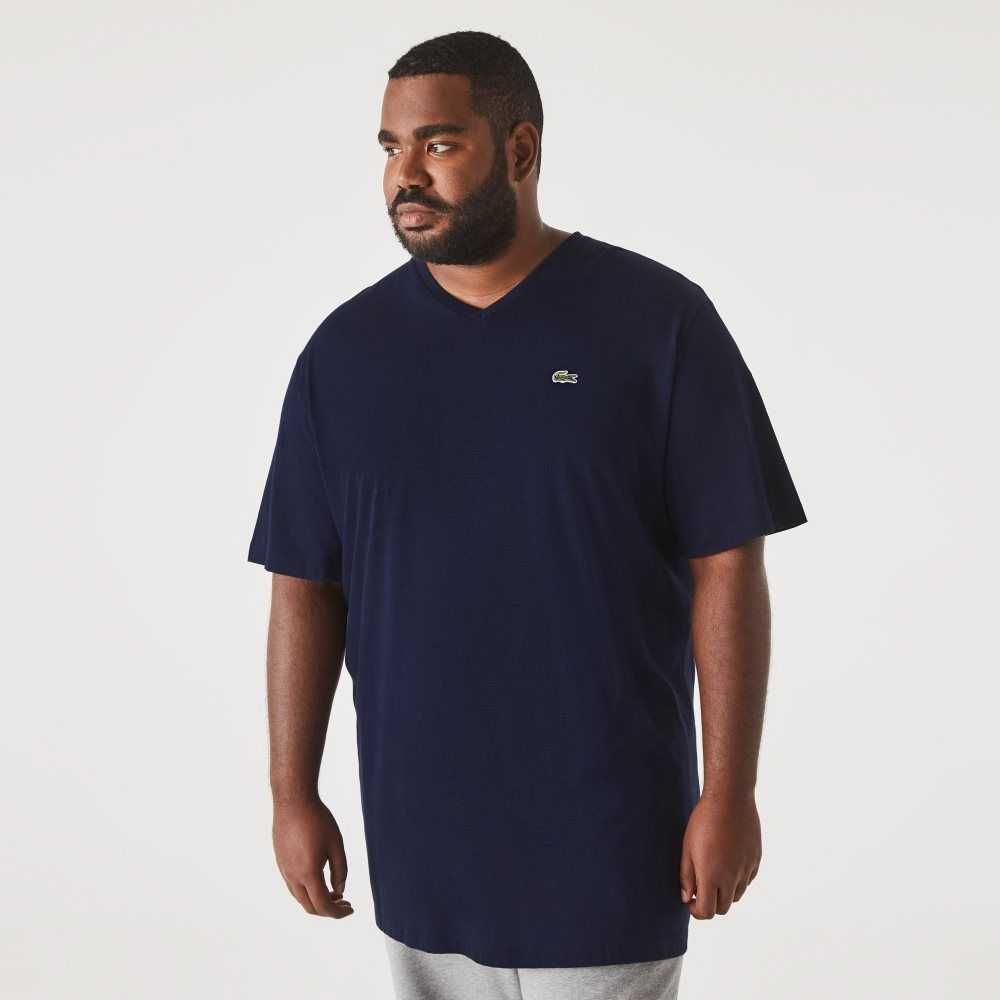 Lacoste Tall Fit Ribbed V-Neck Cotton Polo Shirt Navy Blue | YKN-948706