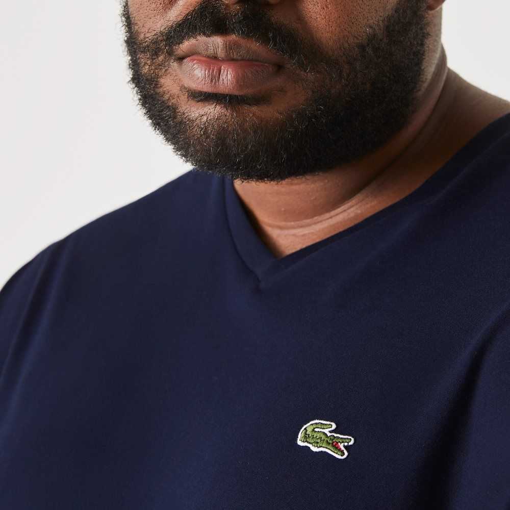 Lacoste Tall Fit Ribbed V-Neck Cotton Polo Shirt Navy Blue | YKN-948706