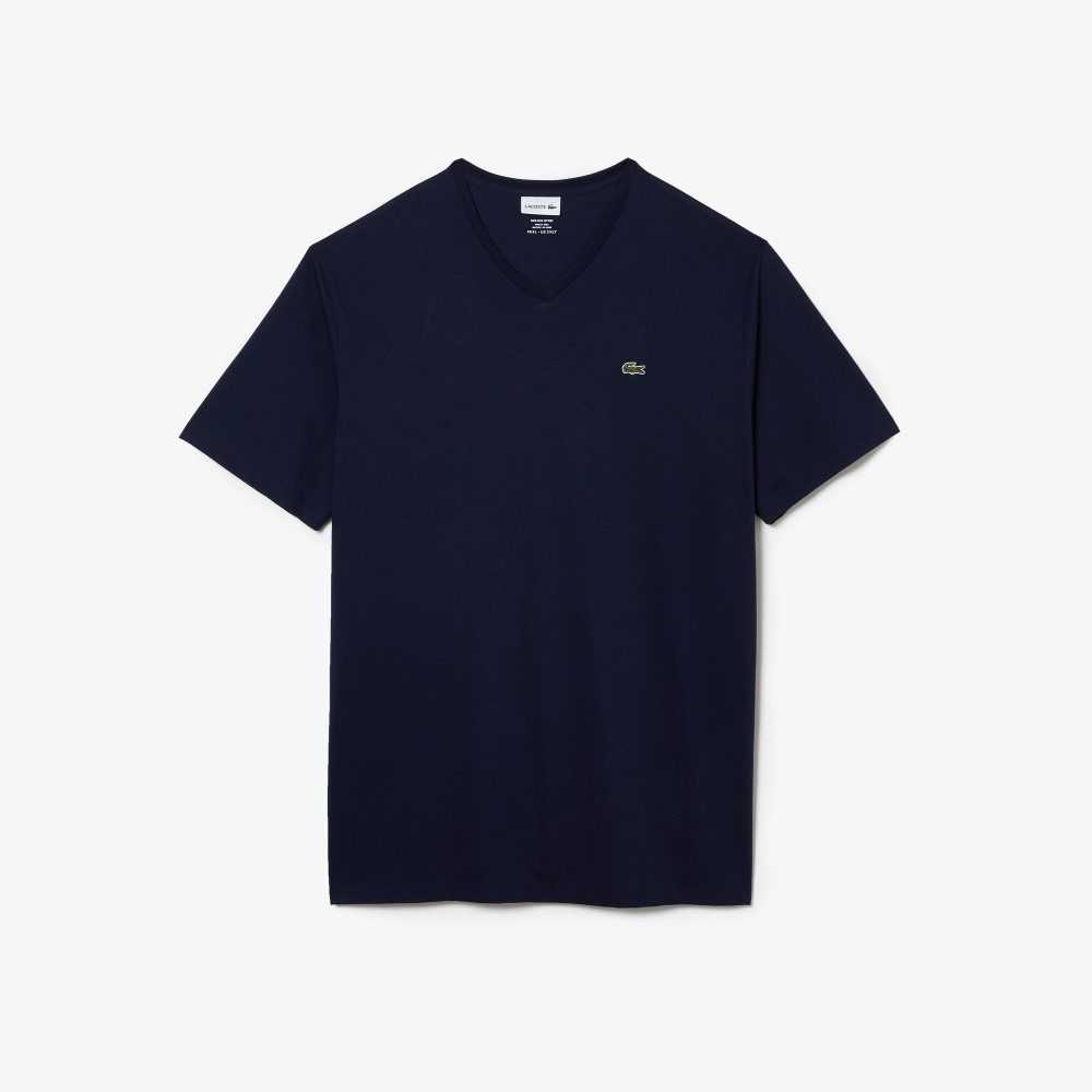 Lacoste Tall Fit Ribbed V-Neck Cotton Polo Shirt Navy Blue | YKN-948706