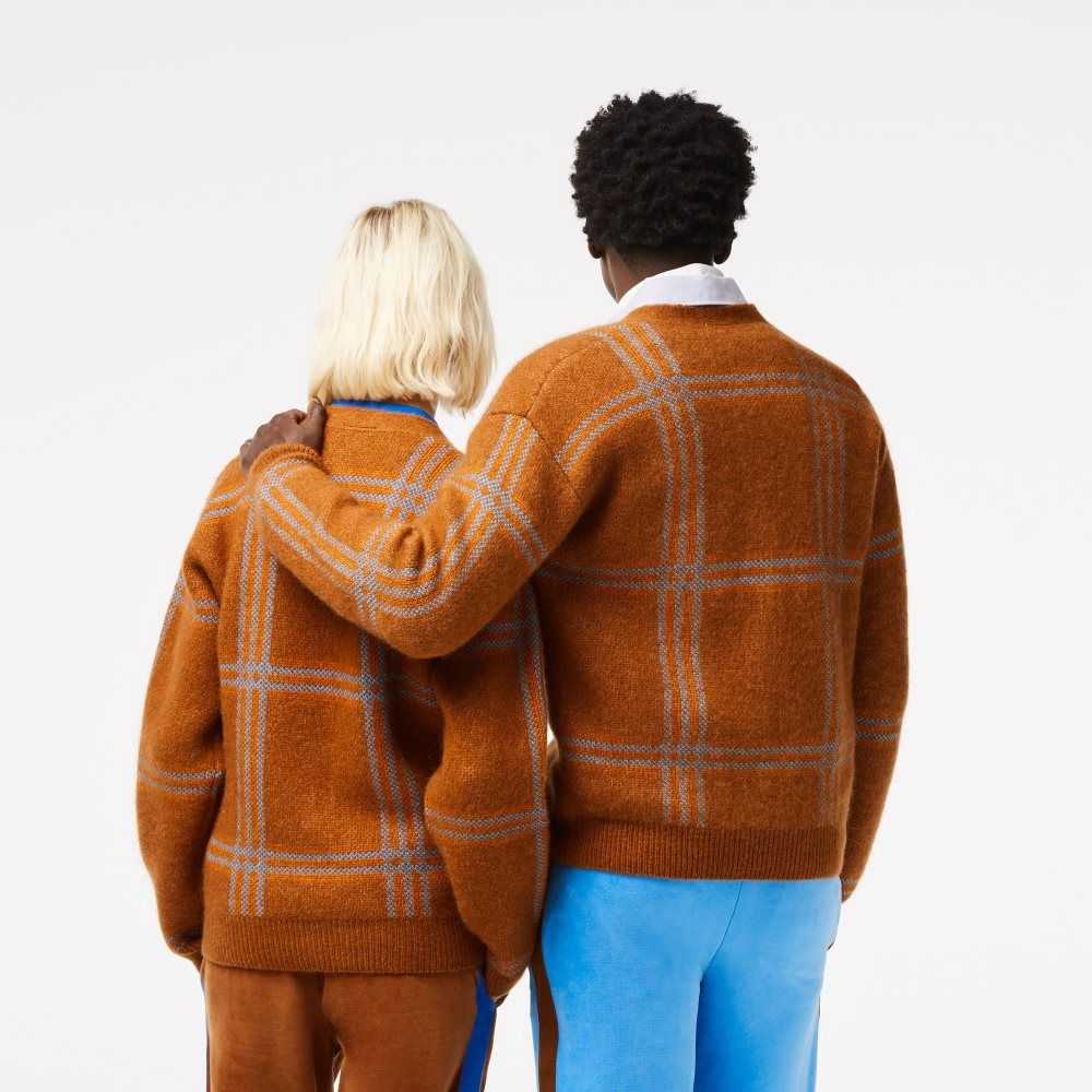 Lacoste Tartan Pattern Wool Cardigan Brown / Blue / Orange | FYW-918402