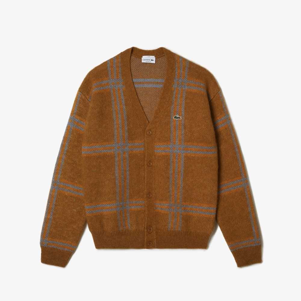 Lacoste Tartan Pattern Wool Cardigan Brown / Blue / Orange | FYW-918402