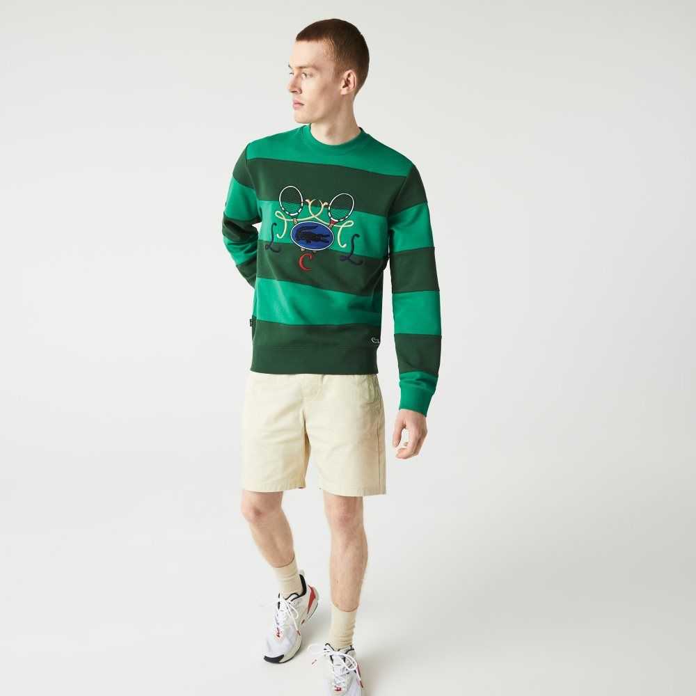 Lacoste Tennis Design Crew Neck Striped Cotton Fleece Sweatshirt Green | ZQJ-021639