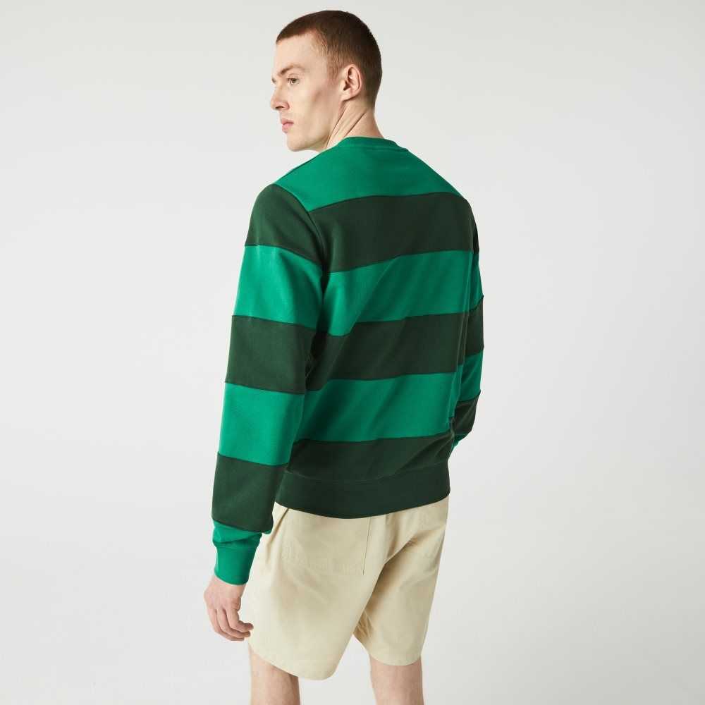 Lacoste Tennis Design Crew Neck Striped Cotton Fleece Sweatshirt Green | ZQJ-021639