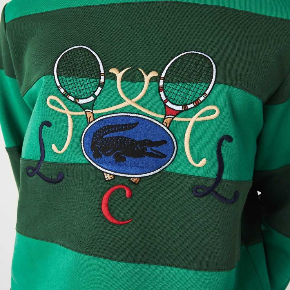 Lacoste Tennis Design Crew Neck Striped Cotton Fleece Sweatshirt Green | ZQJ-021639