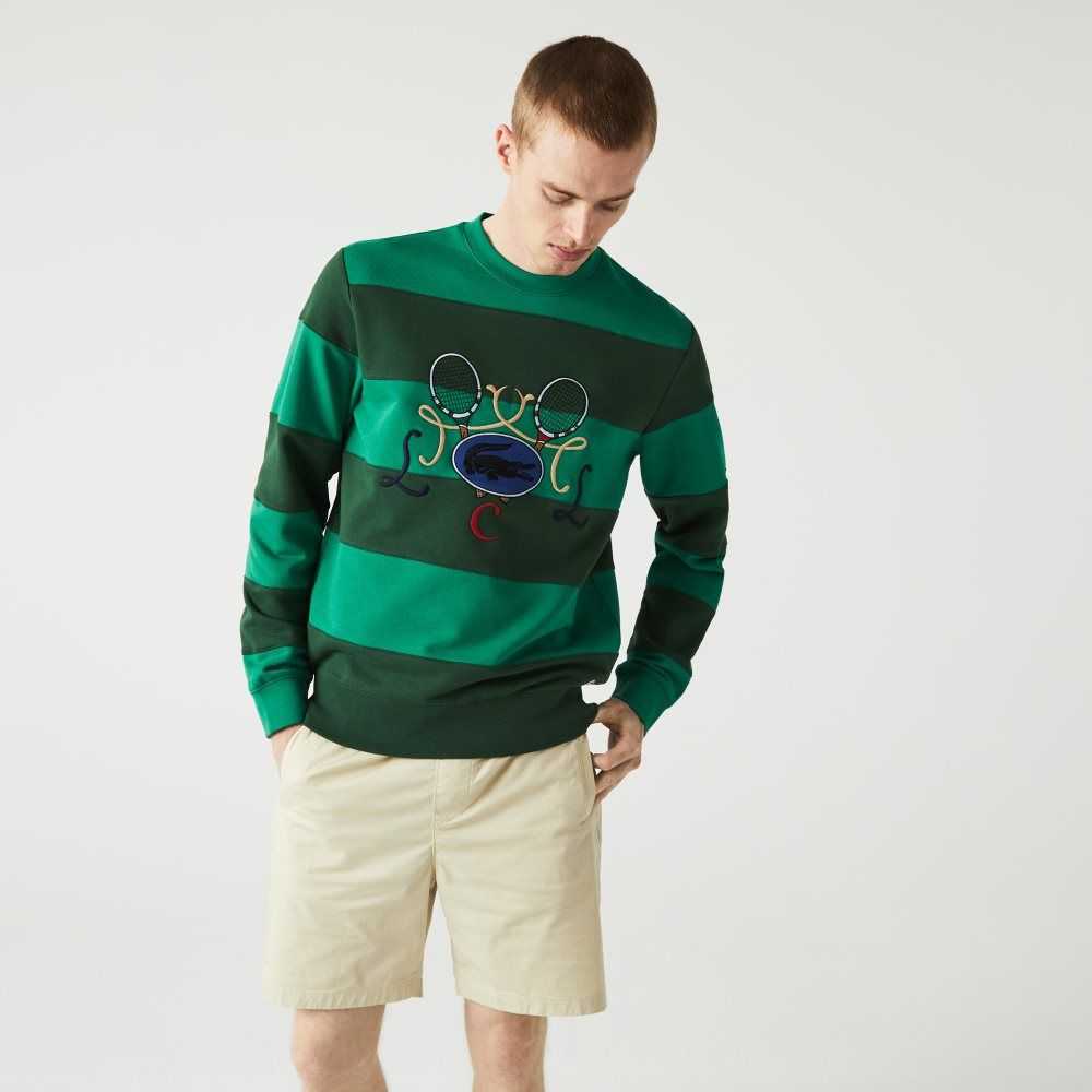 Lacoste Tennis Design Crew Neck Striped Cotton Fleece Sweatshirt Green | ZQJ-021639