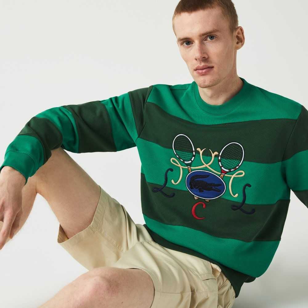 Lacoste Tennis Design Crew Neck Striped Cotton Fleece Sweatshirt Green | ZQJ-021639