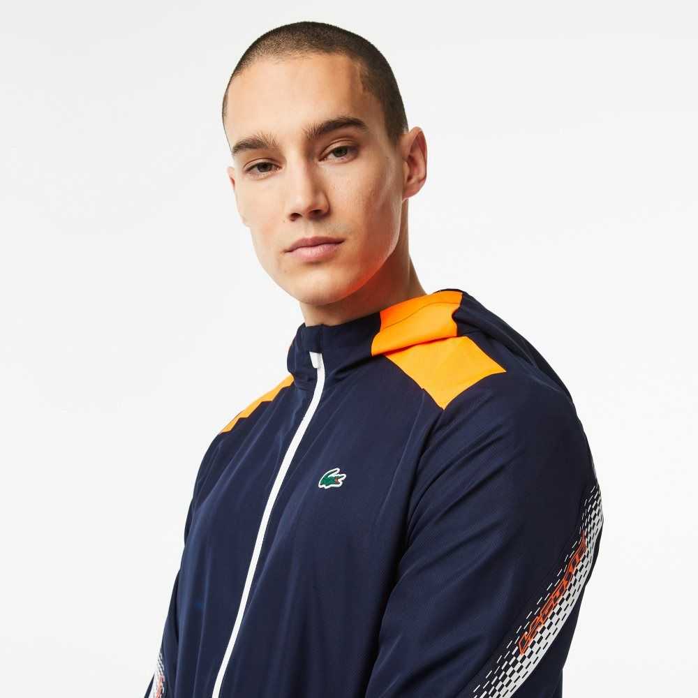 Lacoste Tennis Recycled Polyester Hooded Jacket Navy Blue / Orange / White / Orange / White | RJX-193784