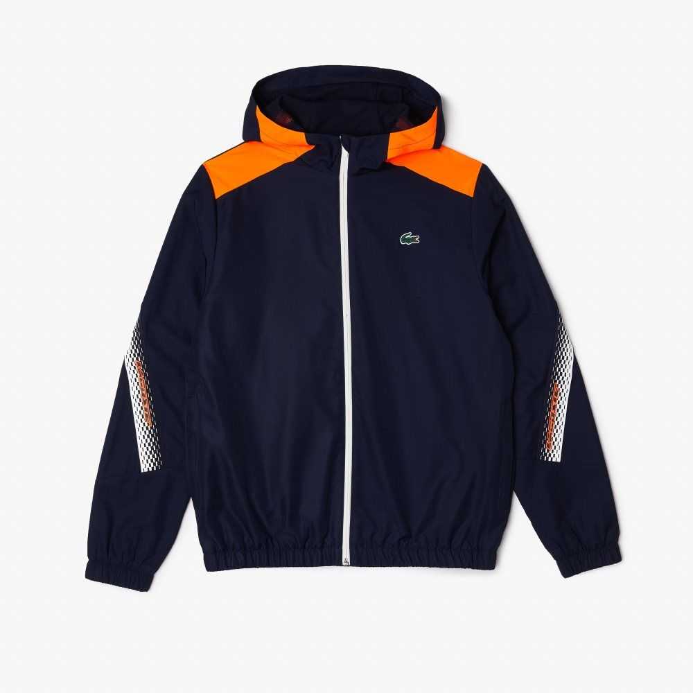 Lacoste Tennis Recycled Polyester Hooded Jacket Navy Blue / Orange / White / Orange / White | RJX-193784