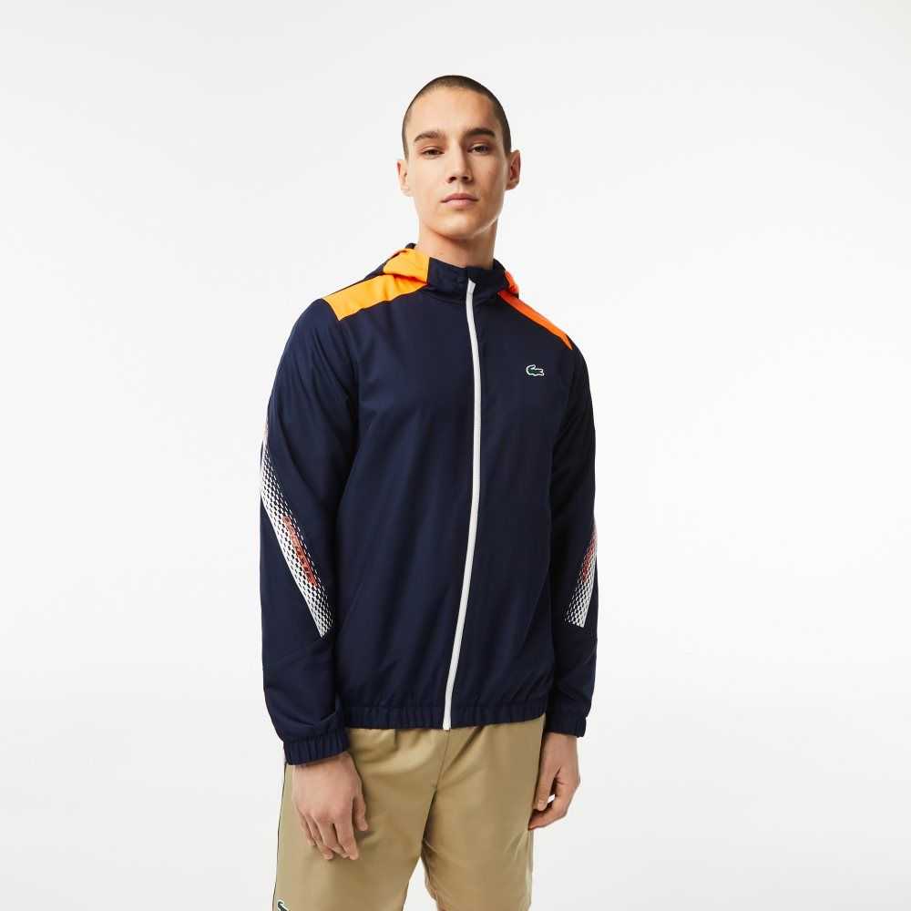 Lacoste Tennis Recycled Polyester Hooded Jacket Navy Blue / Orange / White / Orange / White | RJX-193784