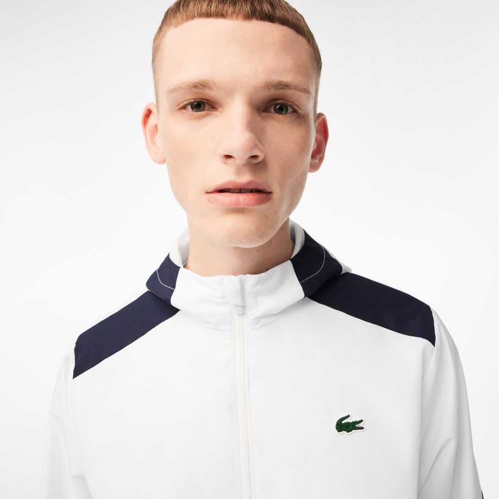 Lacoste Tennis Recycled Polyester Hooded Jacket White / Navy Blue / Yellow / Navy Blue / Yellow | TLH-509182