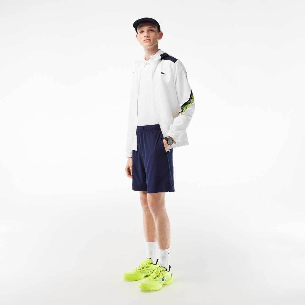 Lacoste Tennis Recycled Polyester Hooded Jacket White / Navy Blue / Yellow / Navy Blue / Yellow | TLH-509182