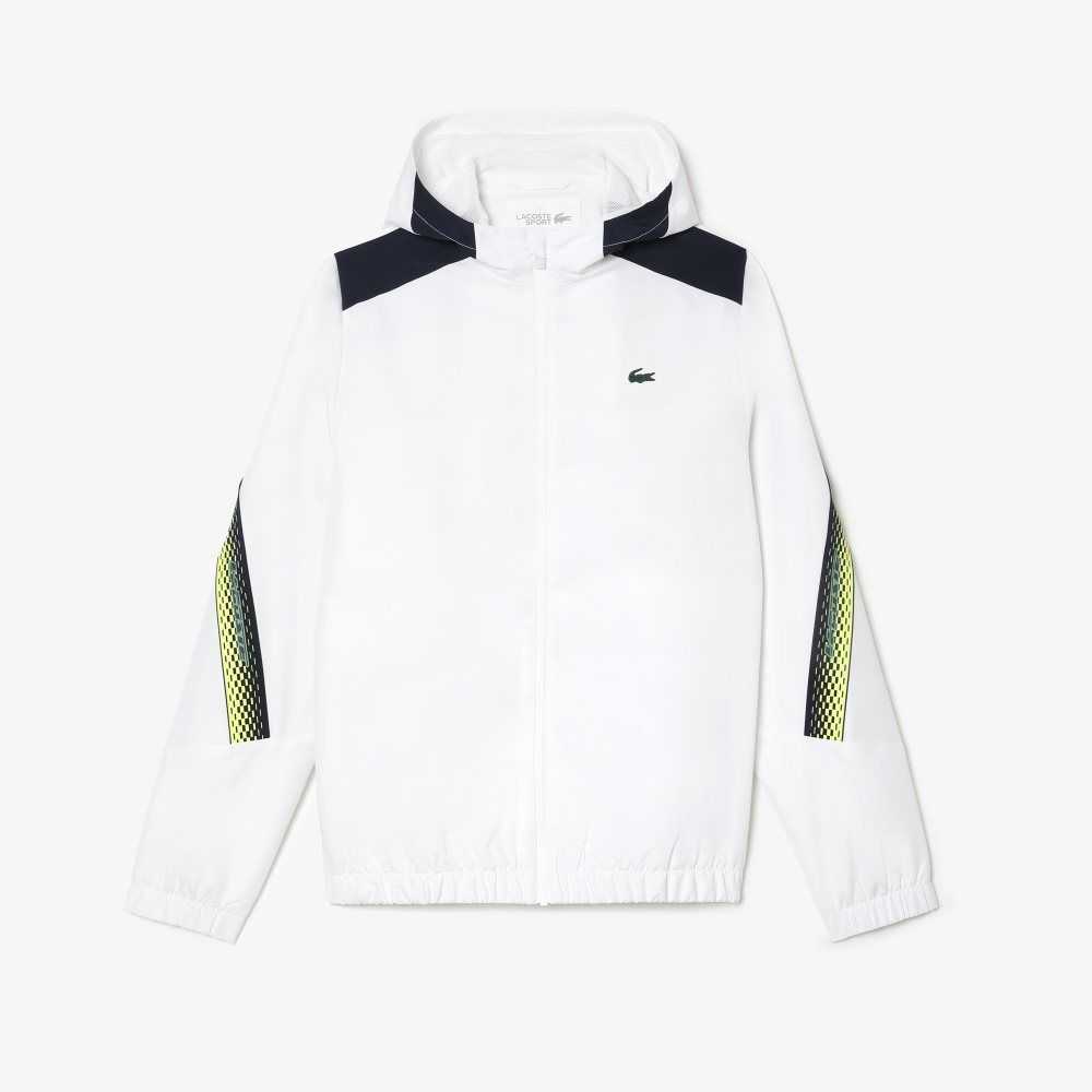 Lacoste Tennis Recycled Polyester Hooded Jacket White / Navy Blue / Yellow / Navy Blue / Yellow | TLH-509182