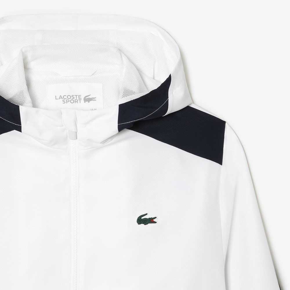 Lacoste Tennis Recycled Polyester Hooded Jacket White / Navy Blue / Yellow / Navy Blue / Yellow | TLH-509182