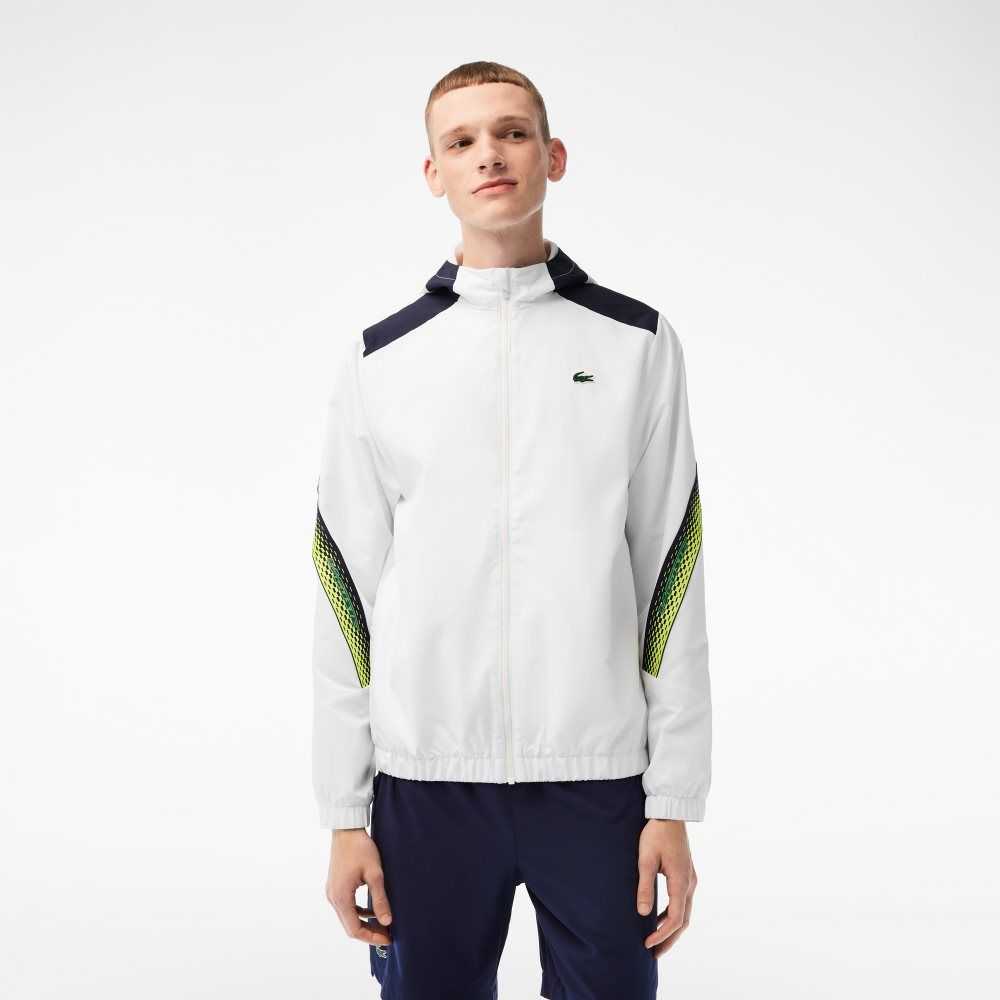 Lacoste Tennis Recycled Polyester Hooded Jacket White / Navy Blue / Yellow / Navy Blue / Yellow | TLH-509182