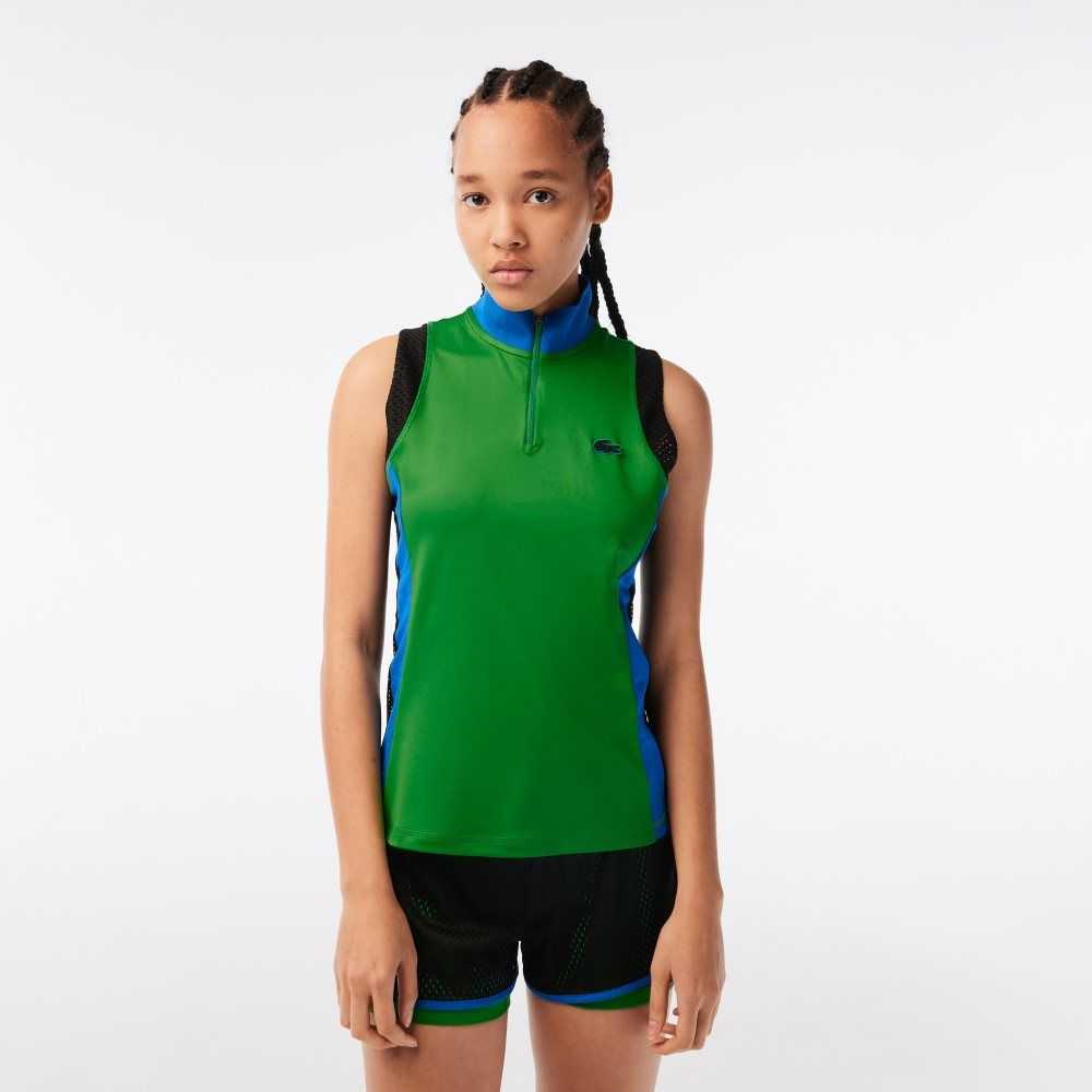 Lacoste Tennis Sleeveless Zip Neck Polo Green / Blue / Black | AOP-607912