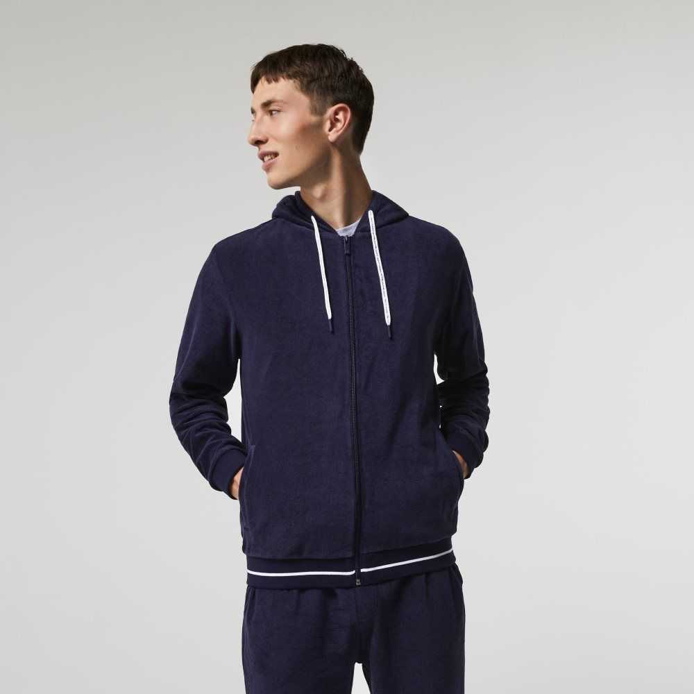 Lacoste Terrycloth Zip Lounge Sweatshirt Navy Blue | MBG-827561