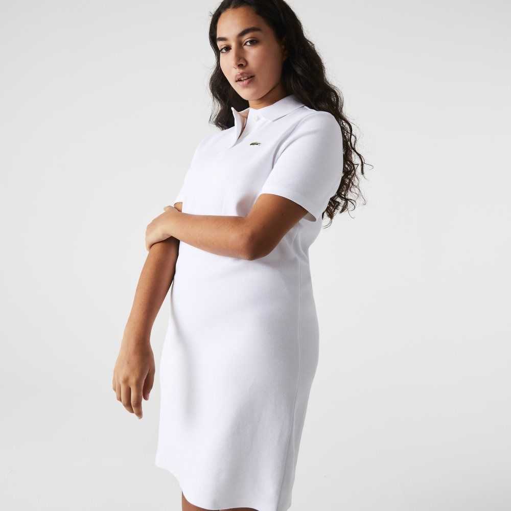 Lacoste Trumpet Sleeve Pique Polo Dress White | MND-243106