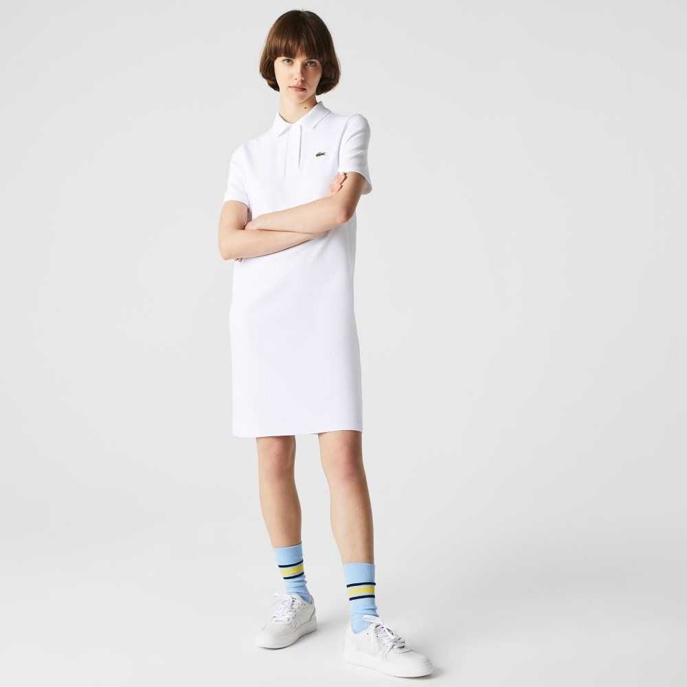 Lacoste Trumpet Sleeve Pique Polo Dress White | MND-243106