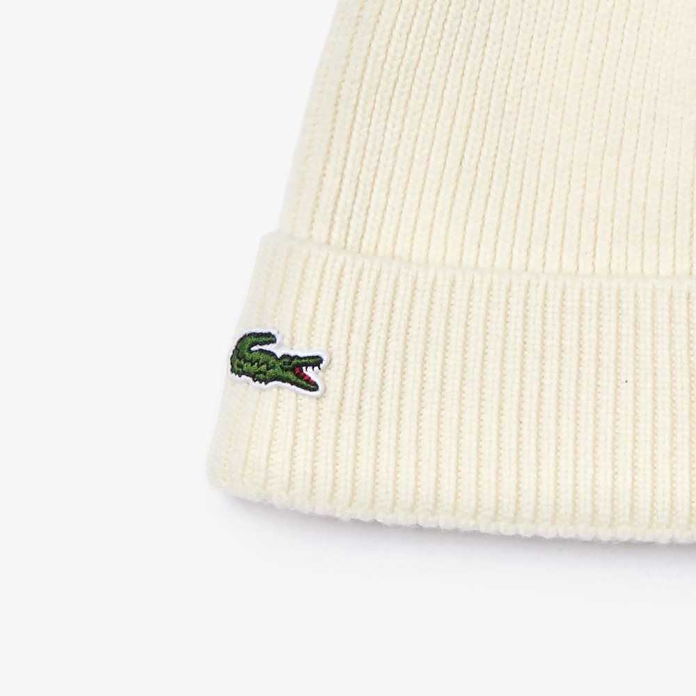 Lacoste Turned Edge Ribbed Wool Beanie White | LOA-760231