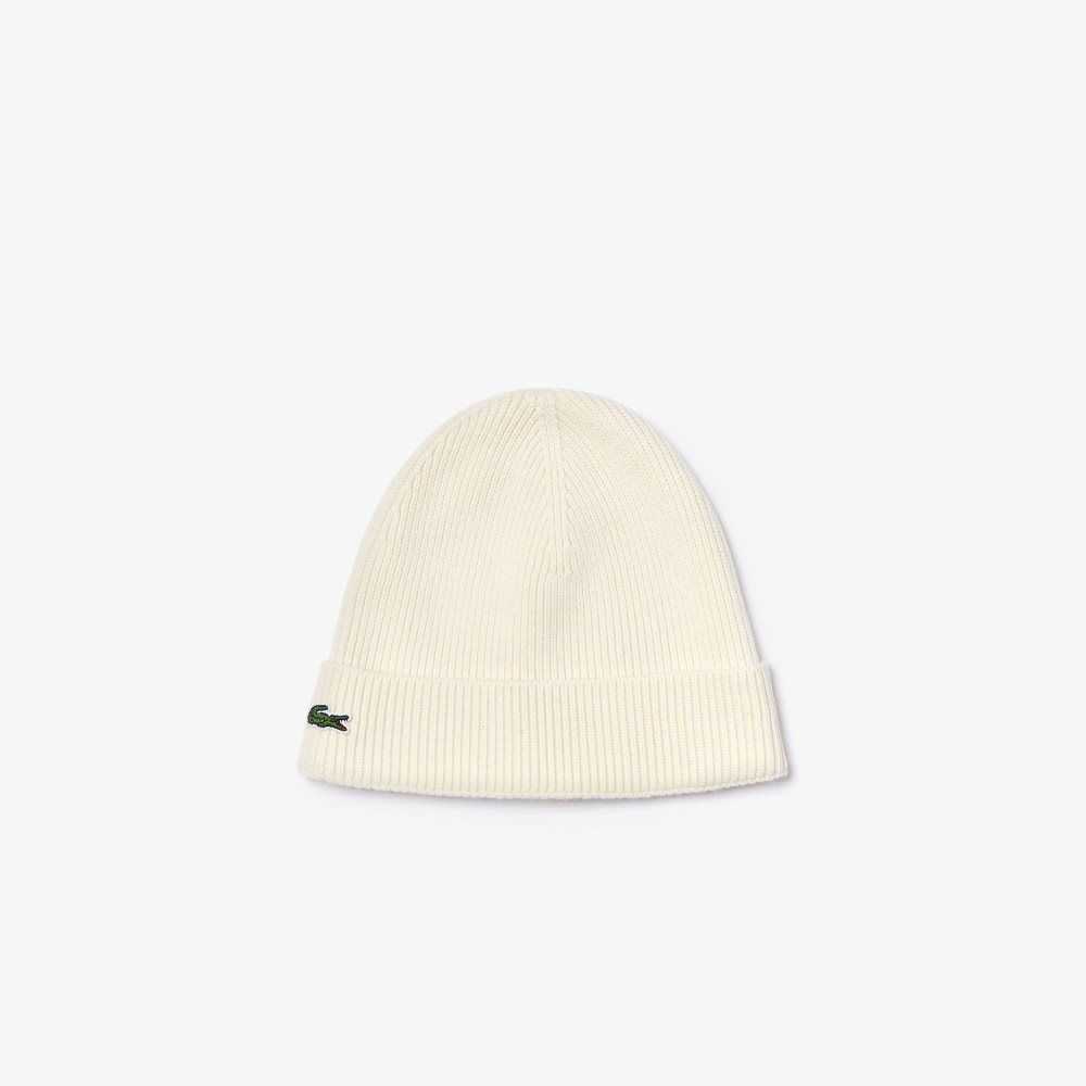 Lacoste Turned Edge Ribbed Wool Beanie White | LOA-760231