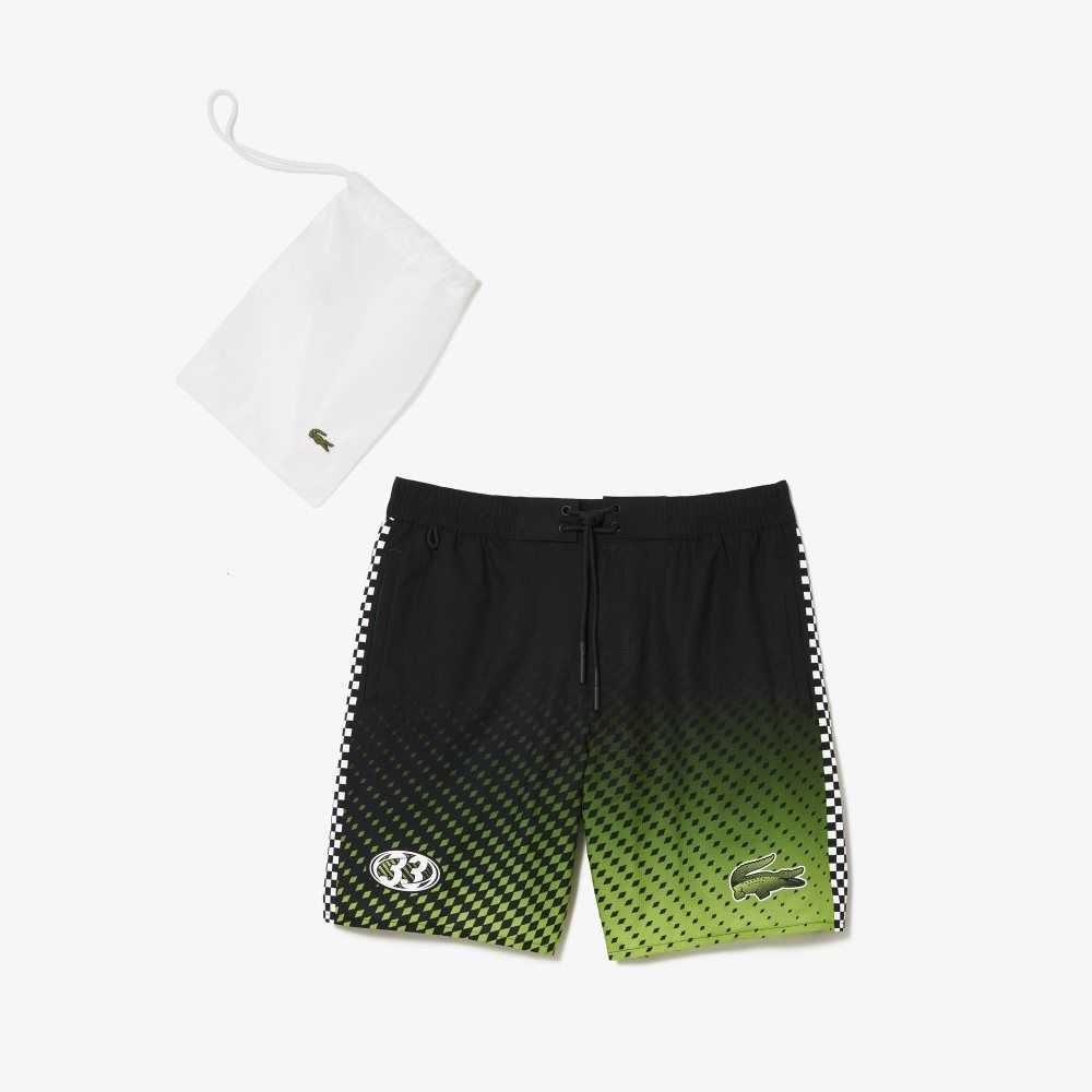 Lacoste Two-Tone Checkerboard Print Swim Trunks Black / Yellow | WOV-508134