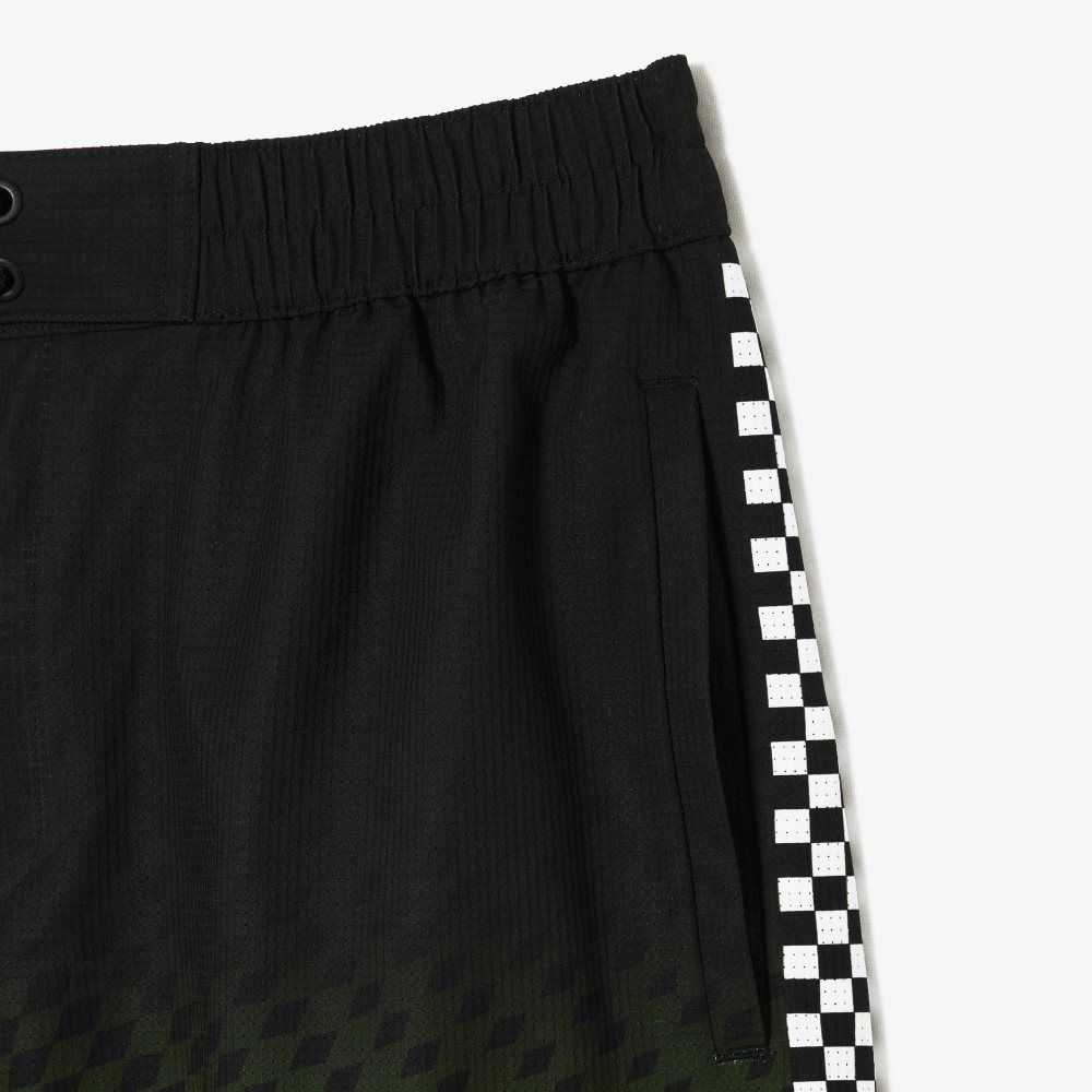 Lacoste Two-Tone Checkerboard Print Swim Trunks Black / Yellow | WOV-508134